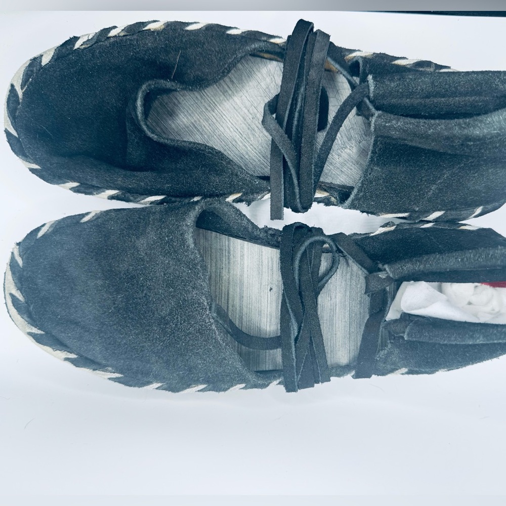 Handmade Black Suede Moccasin Slippers with Contrast Stitching